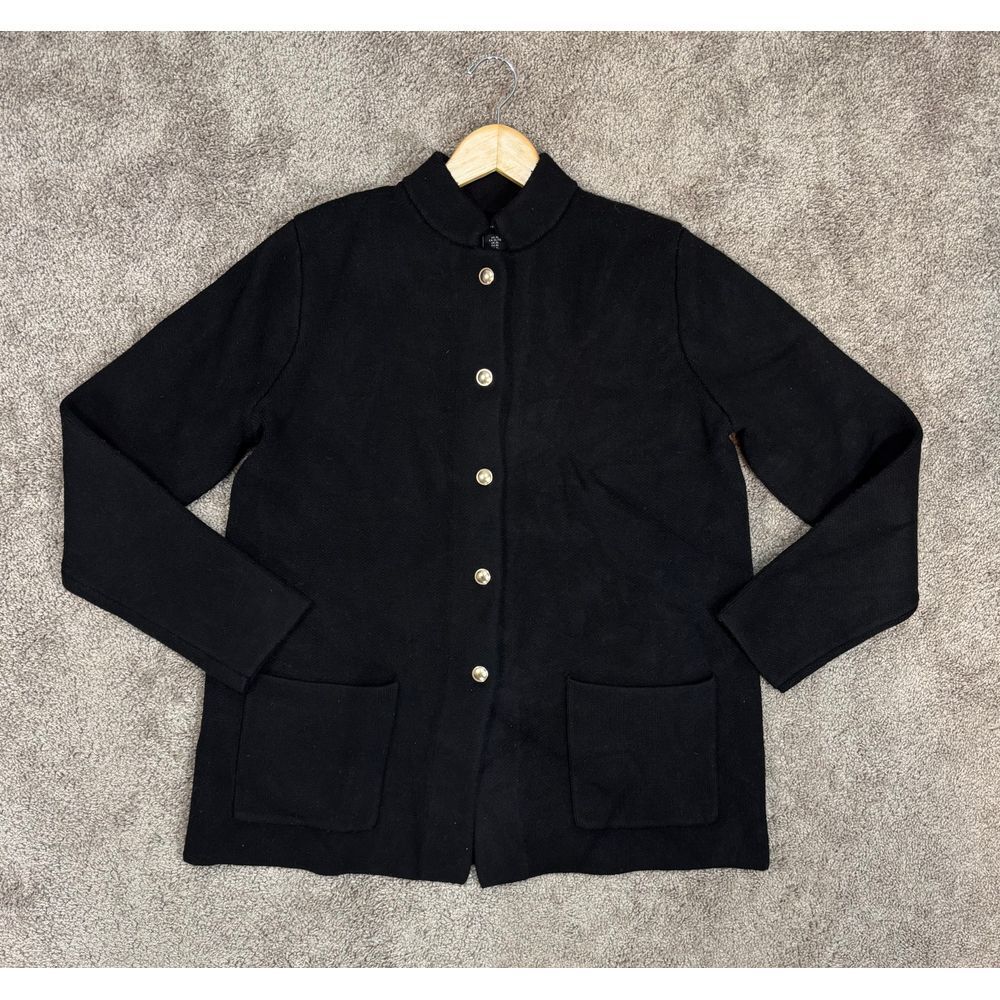 Adrienne Vittadini Knit Cardigan Jacket Gold Button Front Black Sz XL